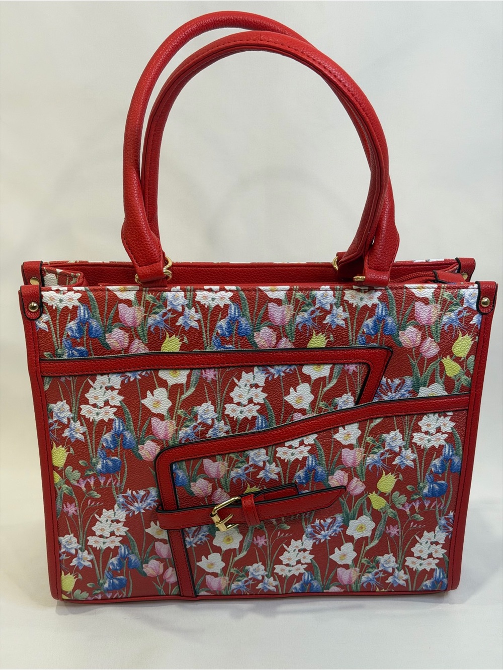 Red Floral Structured Tote with Top Handles
